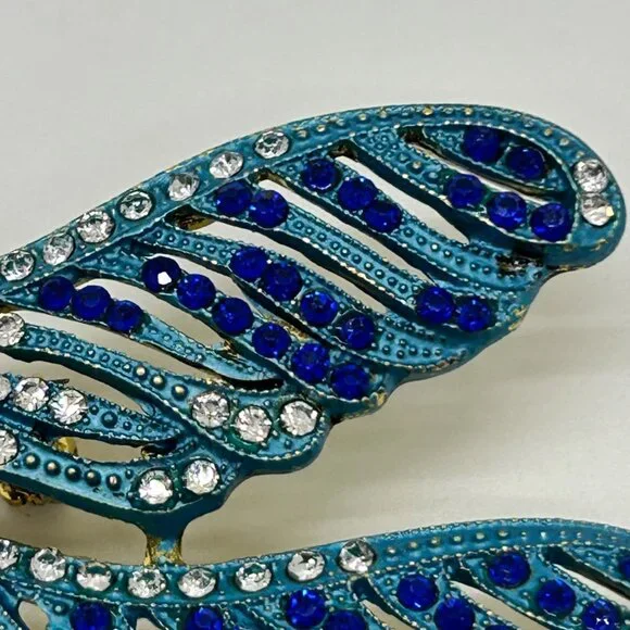 Dragonfly Brooch Articulated Tail Blue Teal Rhinestones Statement 5 inch wide - Picture 16 of 16